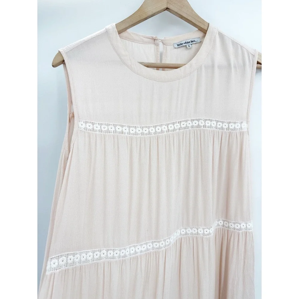 Little White Lies London Tiered Lace Trim Shift Dress Blush Pink Sleeveless S